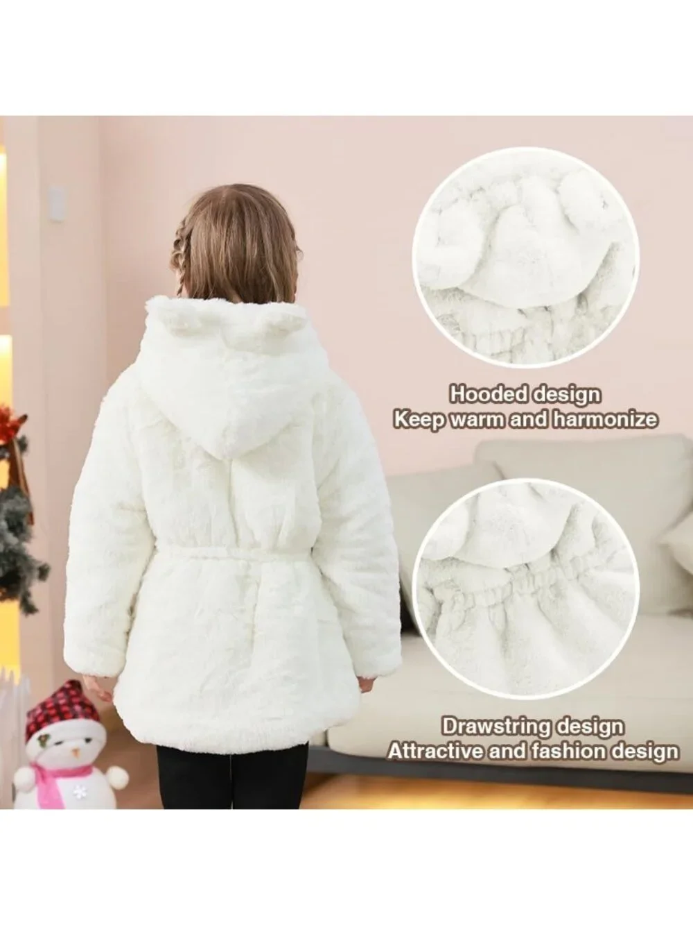 Kids Girls White Polyester Winter Warm Outwear Ear Hooded Faux Fur Thicken Fleec